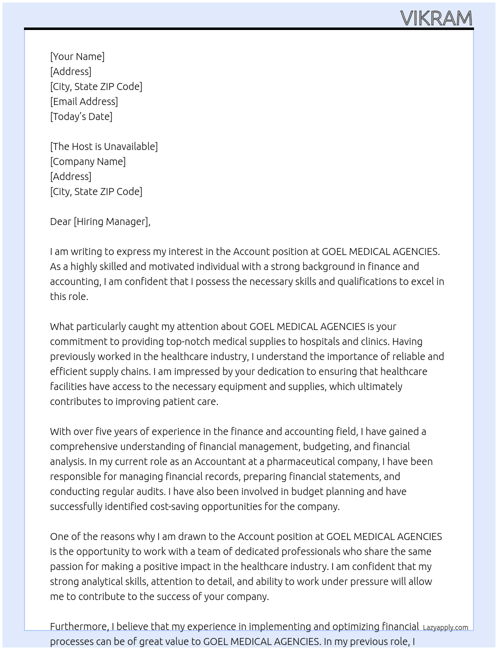 account At GOEL MEDICAL AGENCIES Cover Letter