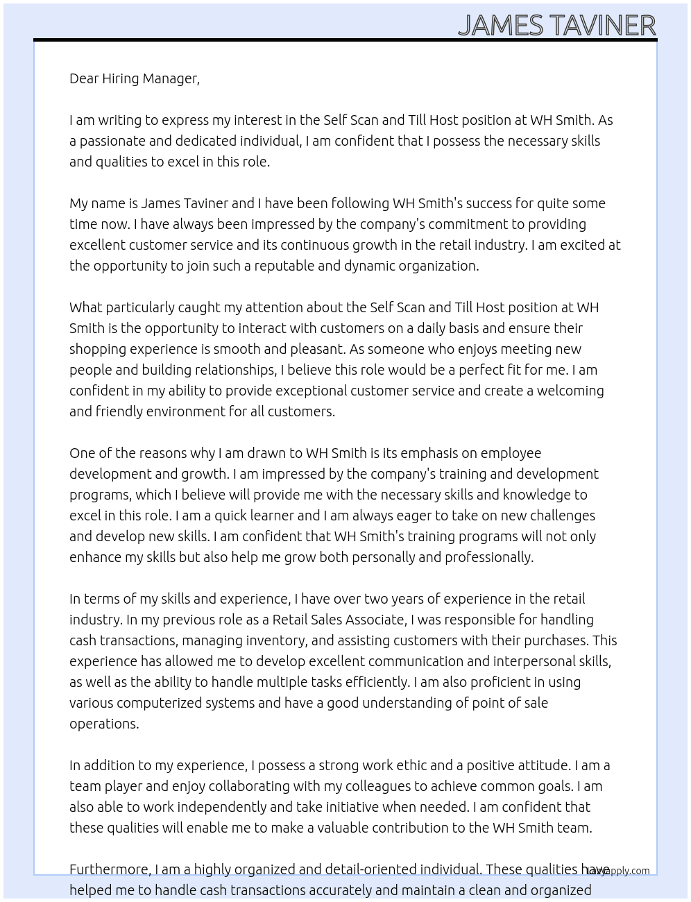 Self Scan and Till Host At WH Smith Cover Letter