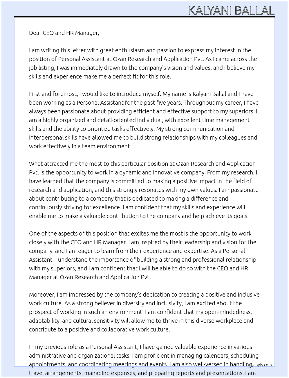Personal Assistant At Ozan research and application pvt Cover Letter