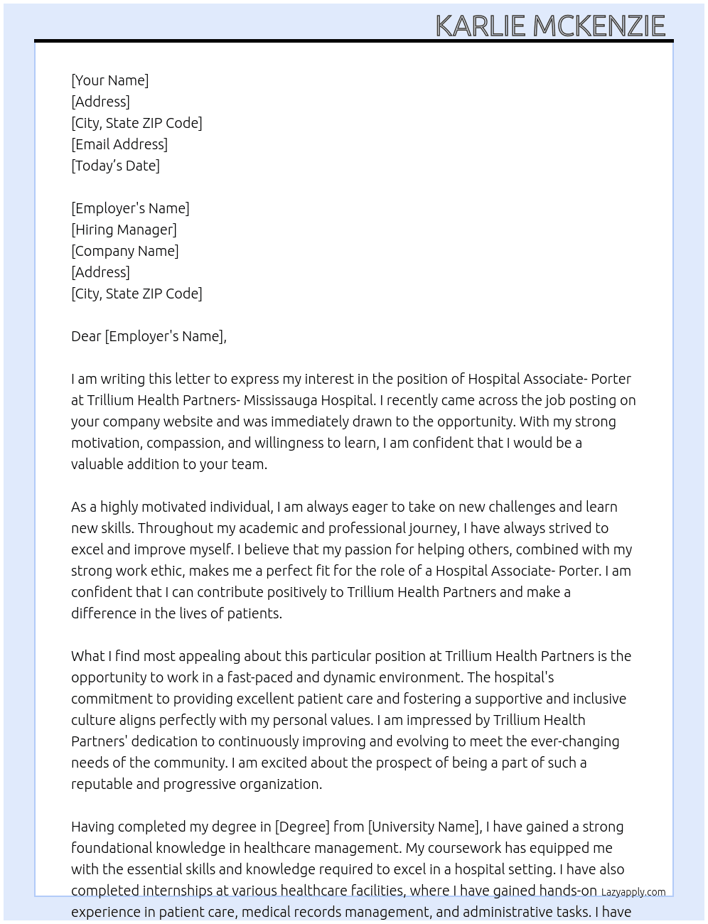 Hospital Associate- Porter  At Trillium Health Partners- Mississauga Hospital Cover Letter
