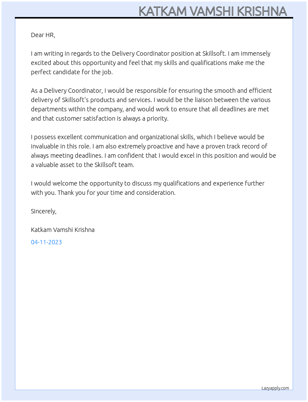 DELIVERY COORDINATOR At skillsoft Cover Letter