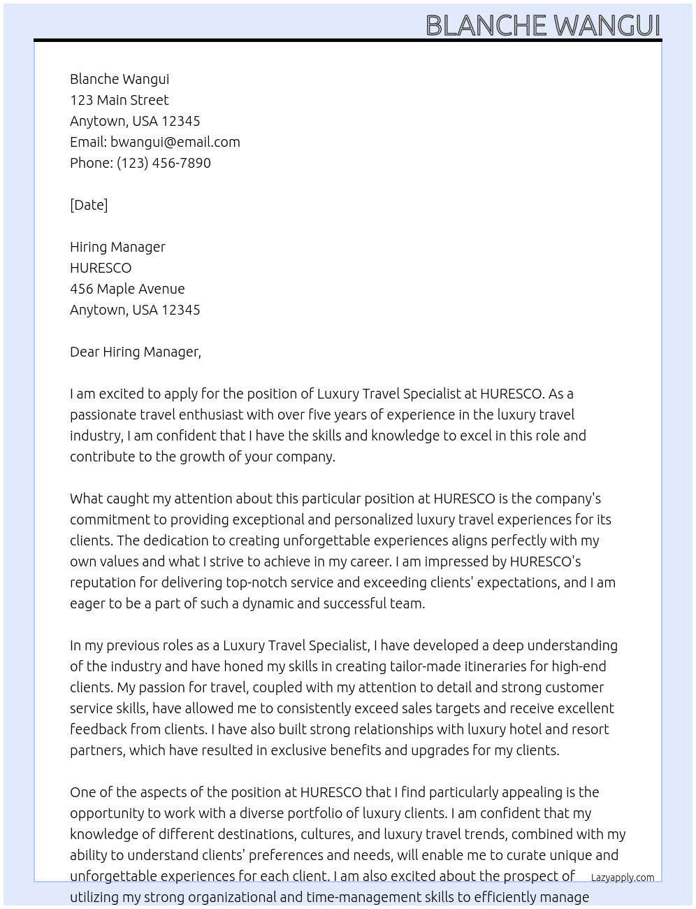 Luxury Travel Specialist At HURESCO Cover Letter