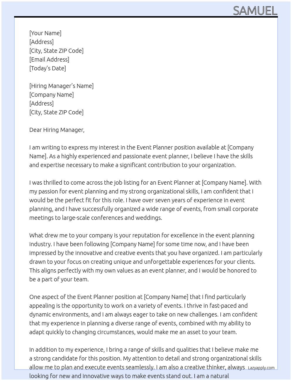 event planner At freelance Cover Letter