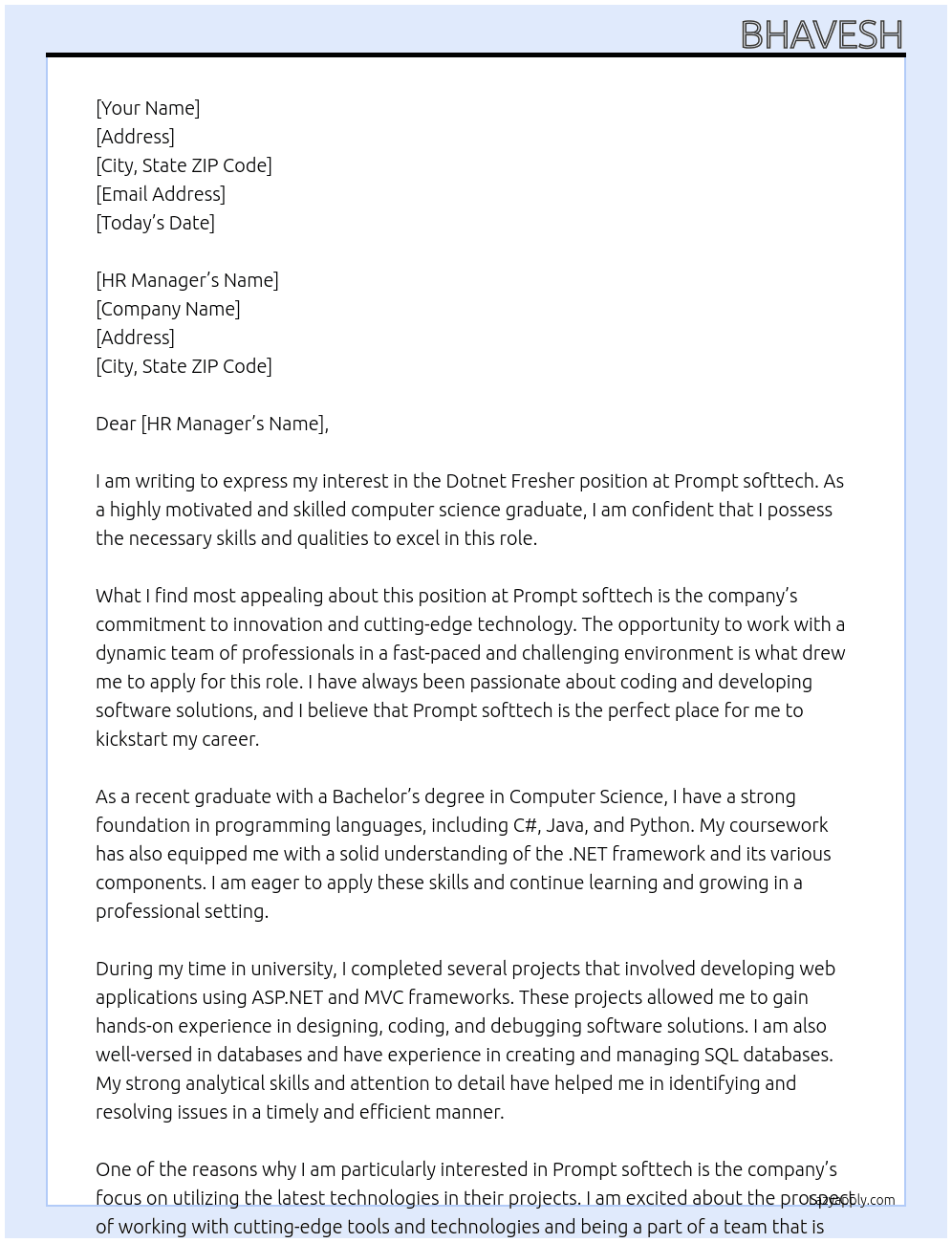 Dotnet Fresher At Prompt softtech Cover Letter