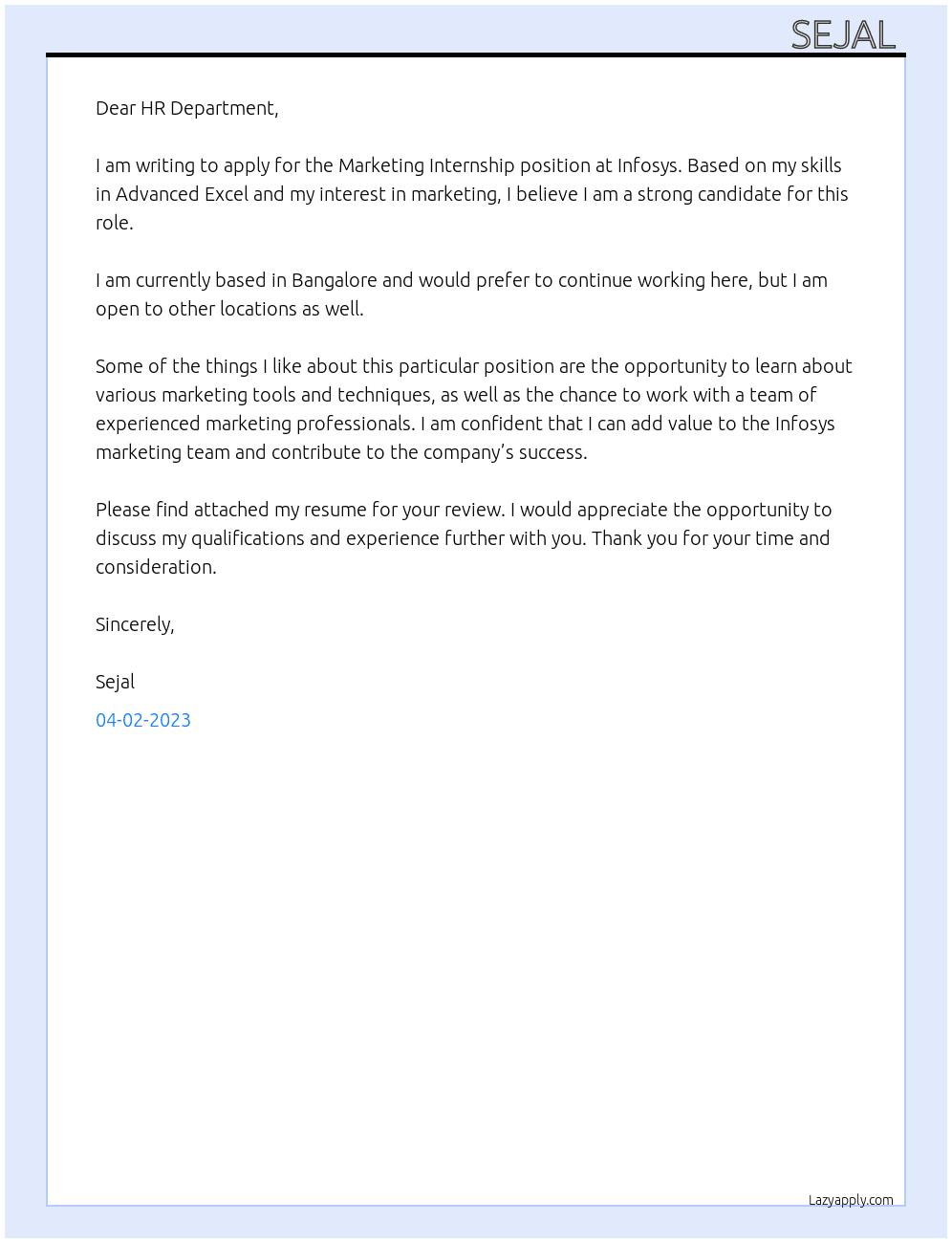 Marketing Internship At Infosys Cover Letter
