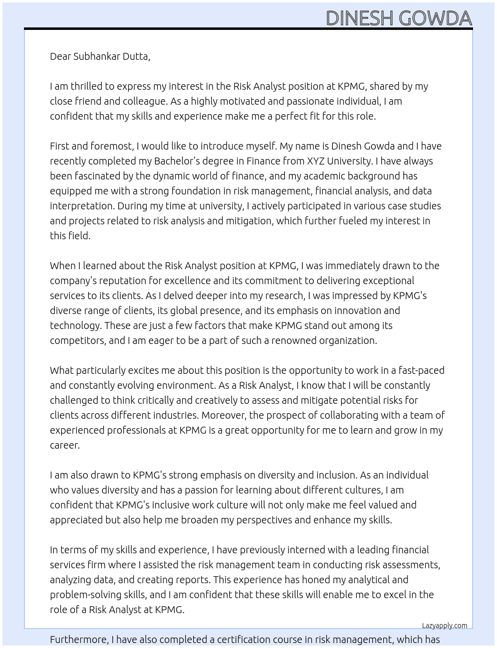 Risk Analyst At KPMG Cover Letter