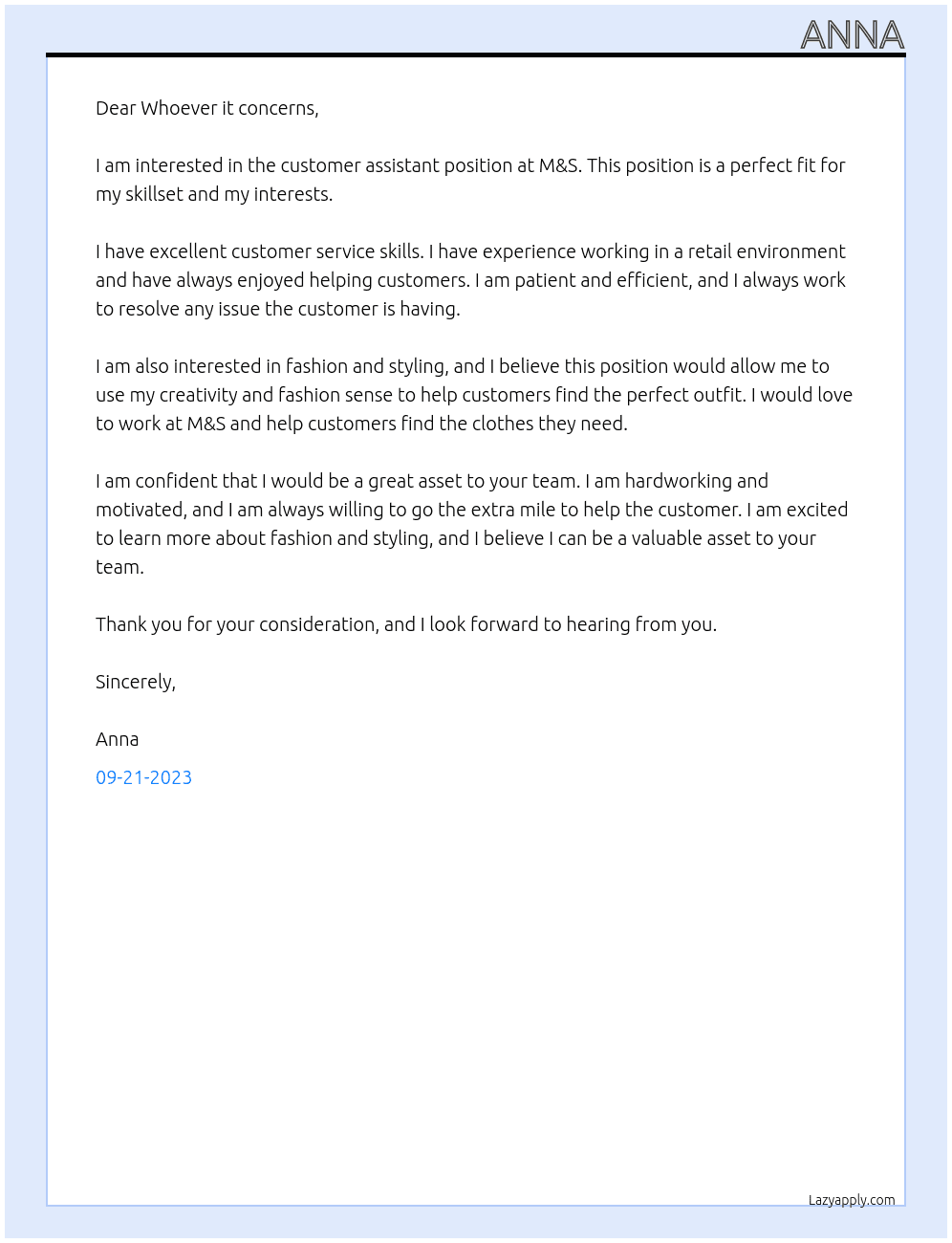 Customer assisstant At M&s Cover Letter