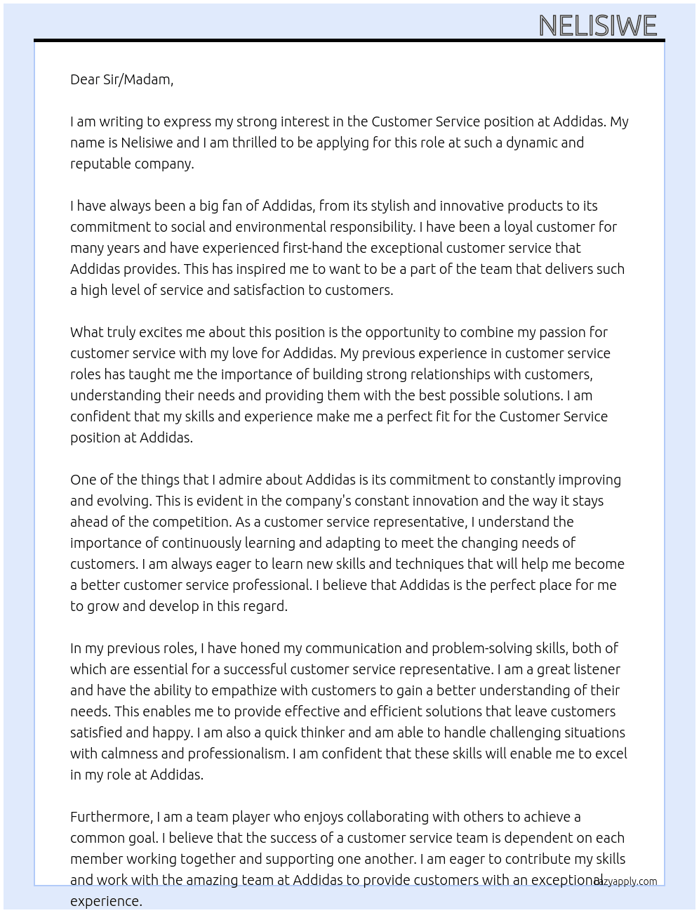 Customer service  At Addidas  Cover Letter