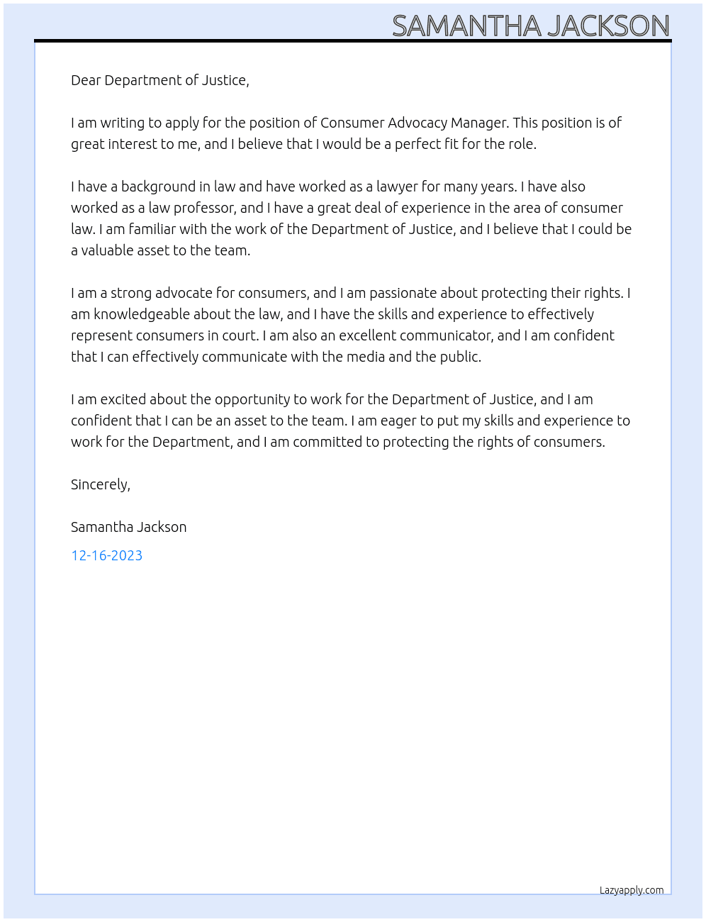 Consumer Advocacy Manager At Department of Justice Cover Letter