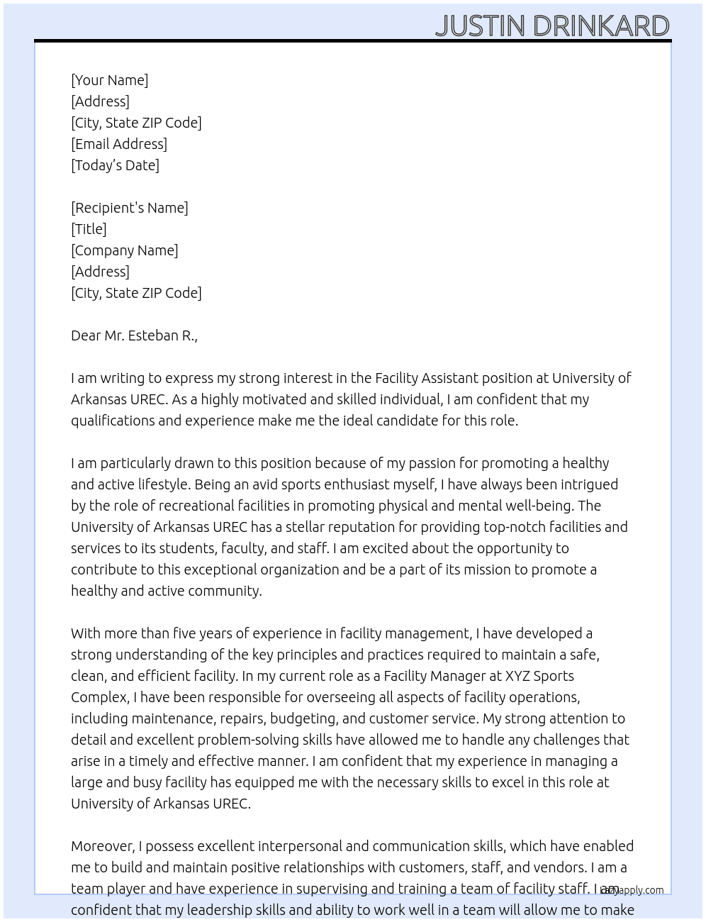 Facility Assistant At University of Arkansas UREC Cover Letter