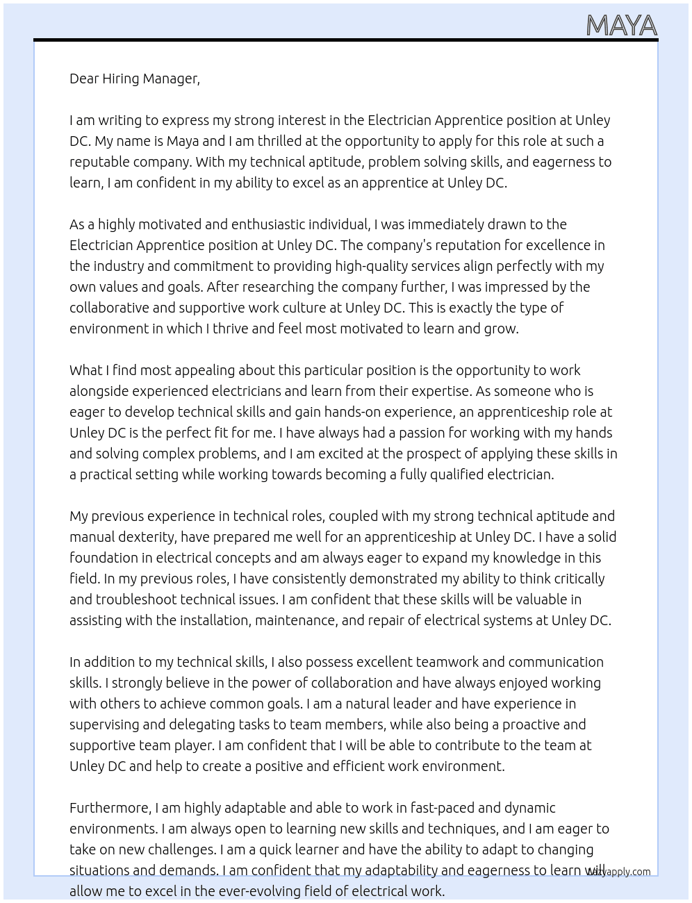 Electrician Apprentice At Unley DC Cover Letter