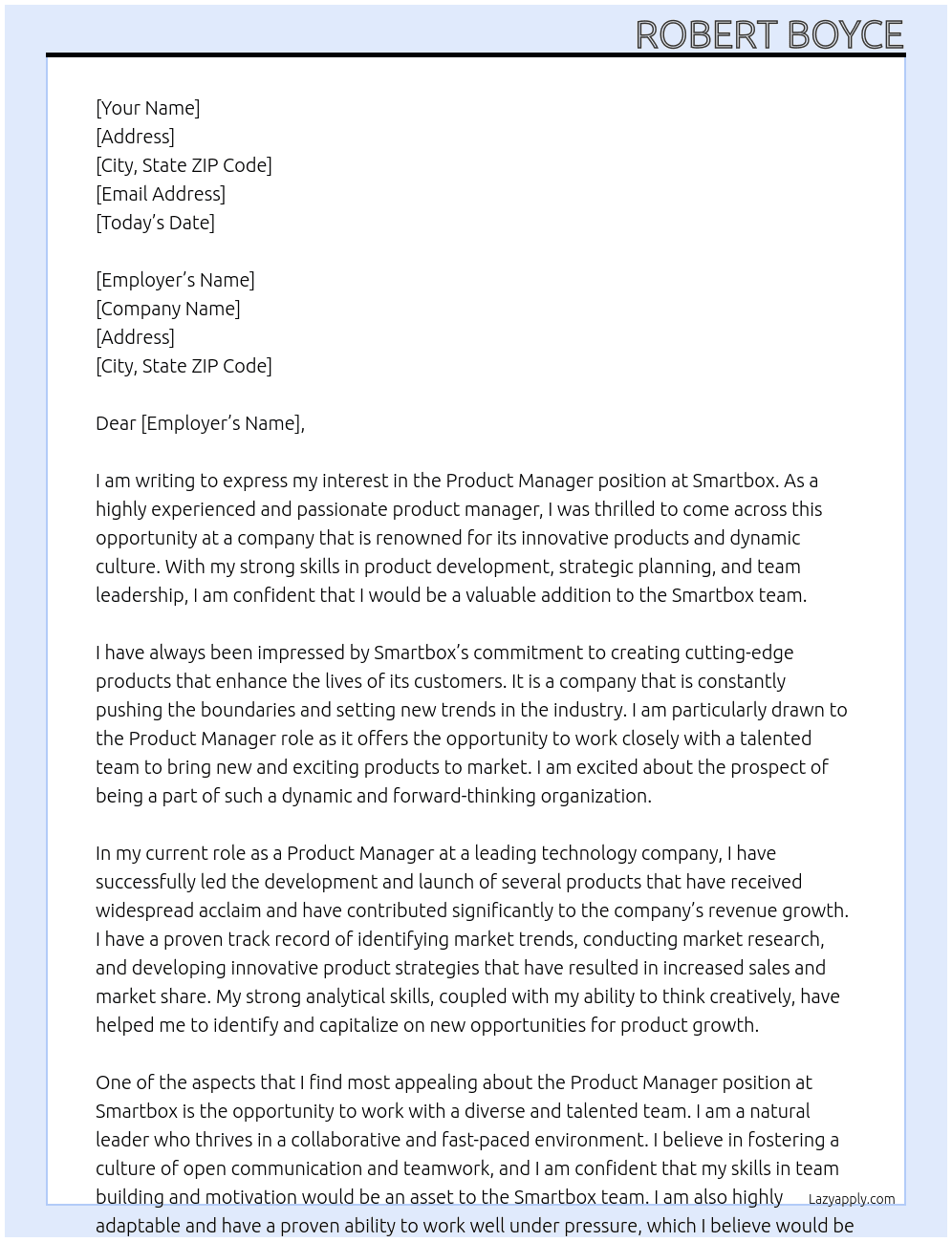 Product Manager At Smartbox Cover Letter