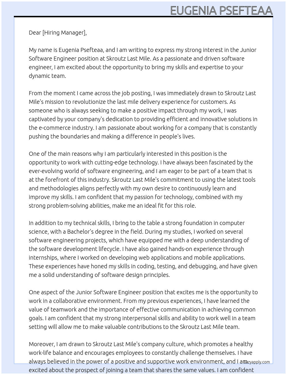 Junior software engineer At Skroutz Last Mile Cover Letter