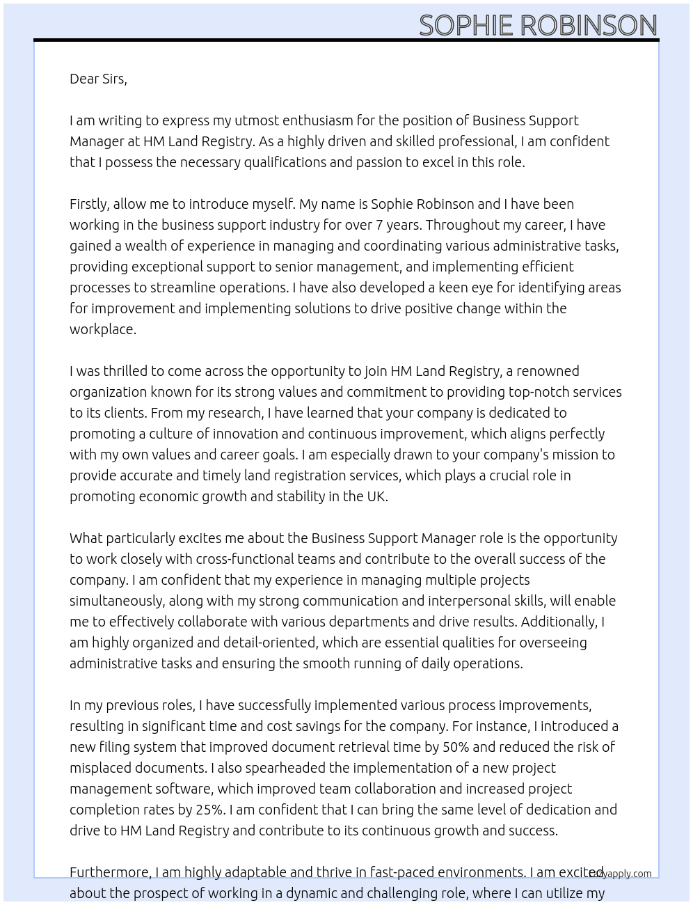 Business Support Manager At HM land Registry  Cover Letter