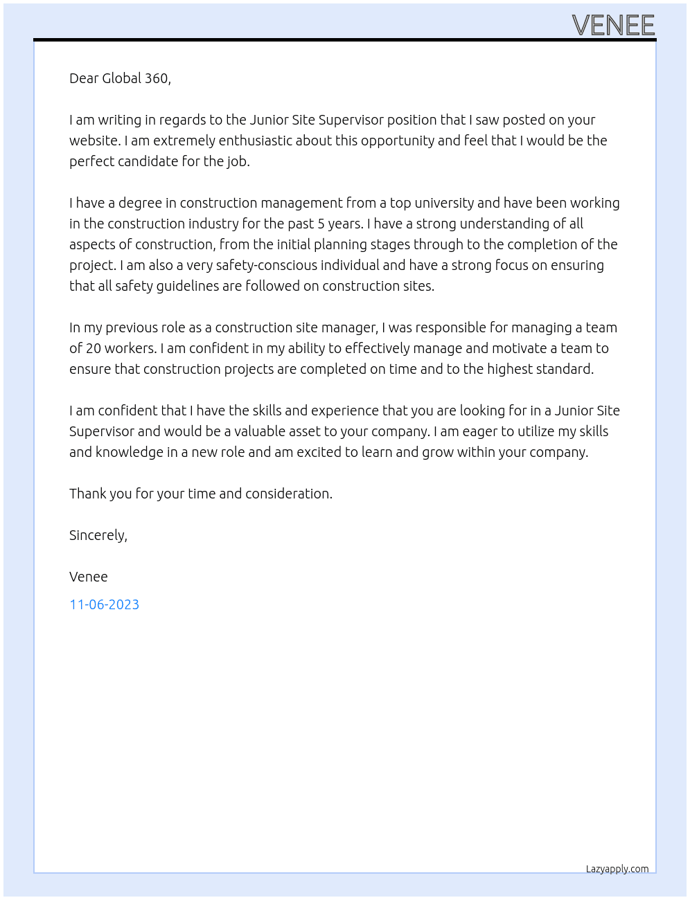 Junior Site Supervisor At Global 360 Cover Letter