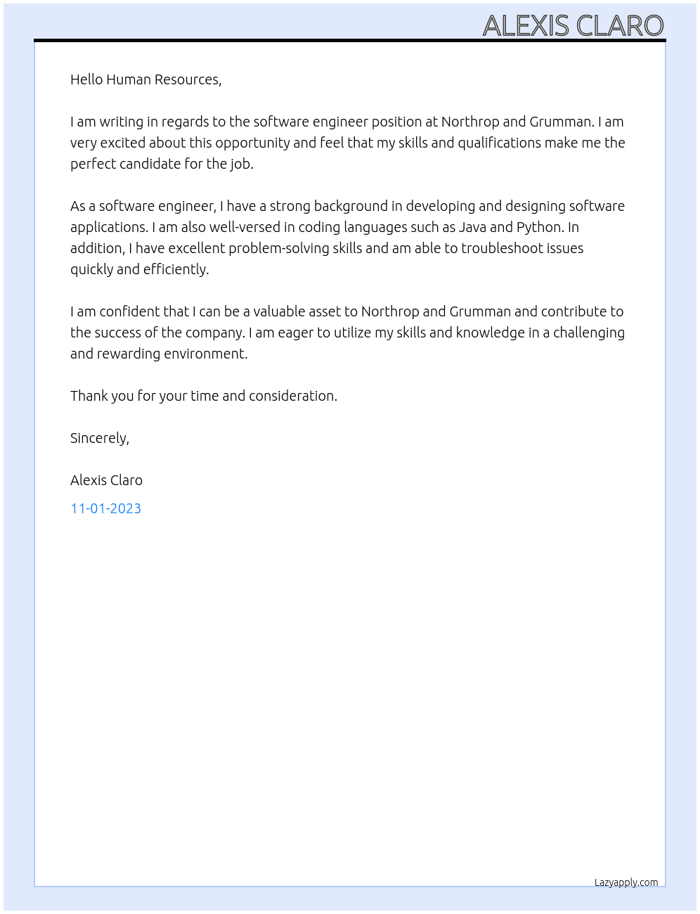 software engineer At northrop and grumman Cover Letter