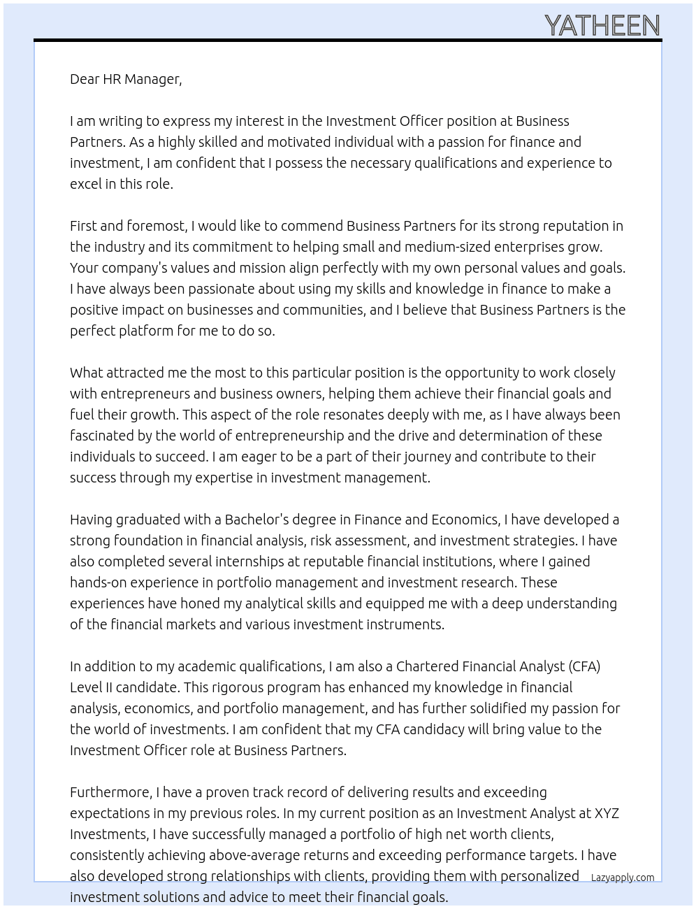 Investment Officer At Business Partners Cover Letter