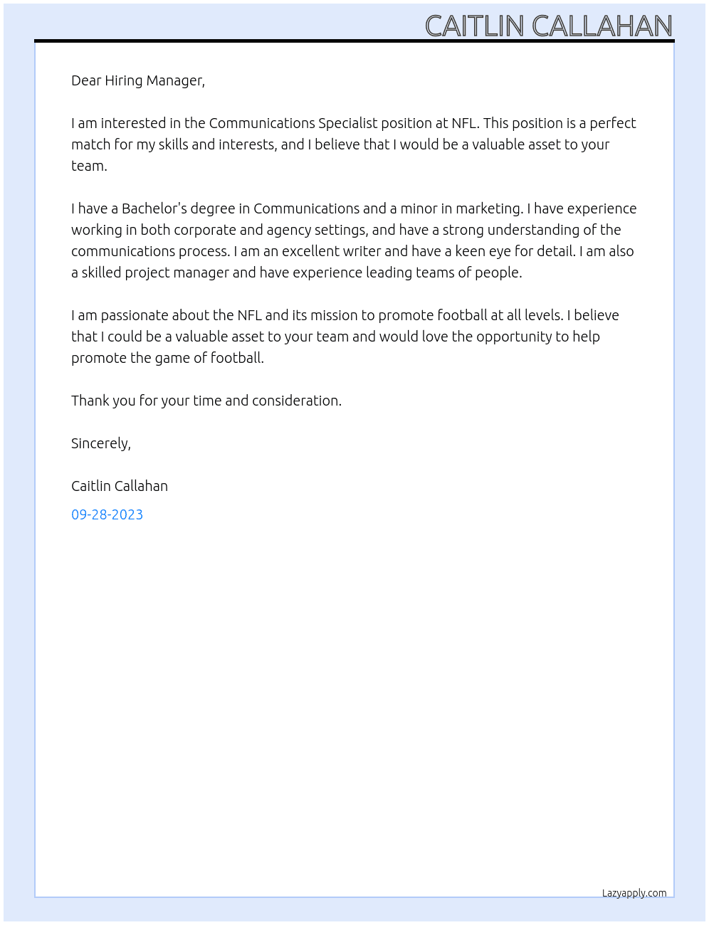 Communications Specialist  At NFL Cover Letter
