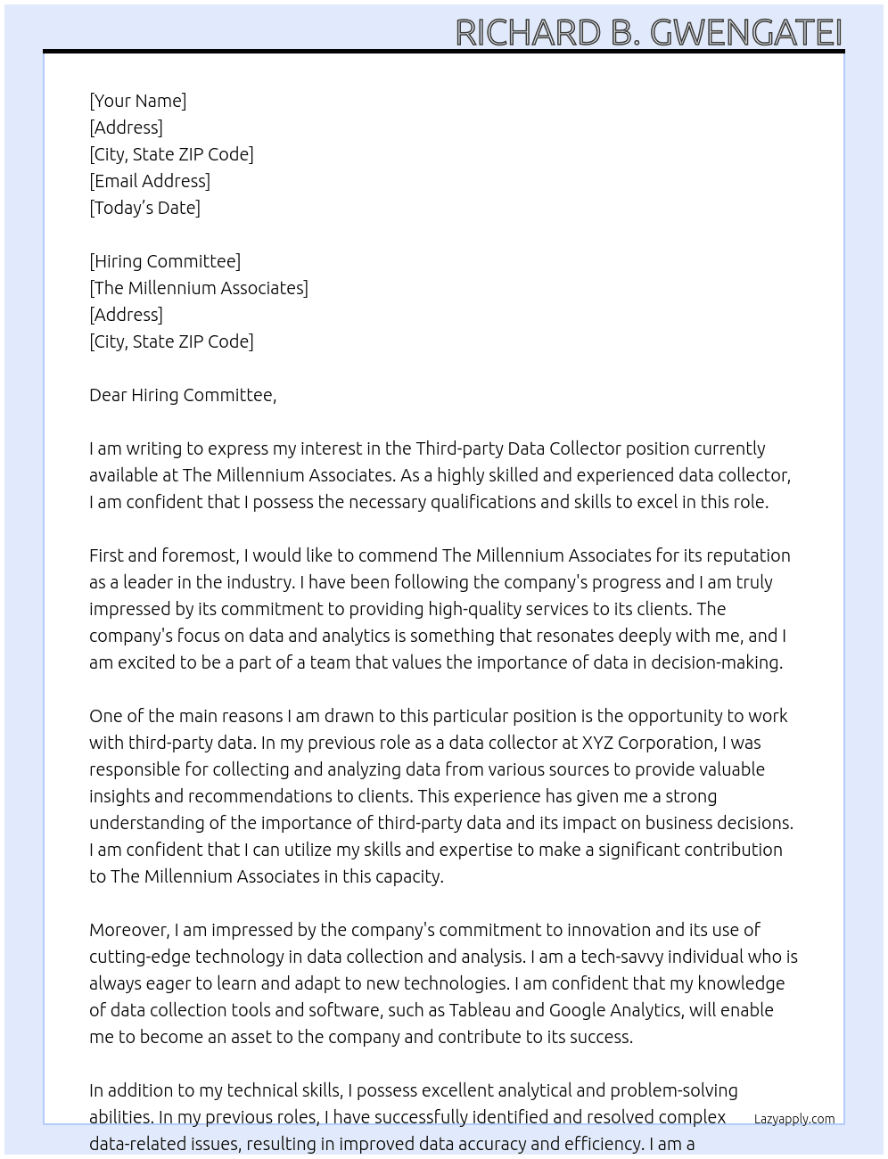 Third-party Data Collector At The Millennium Associates  Cover Letter