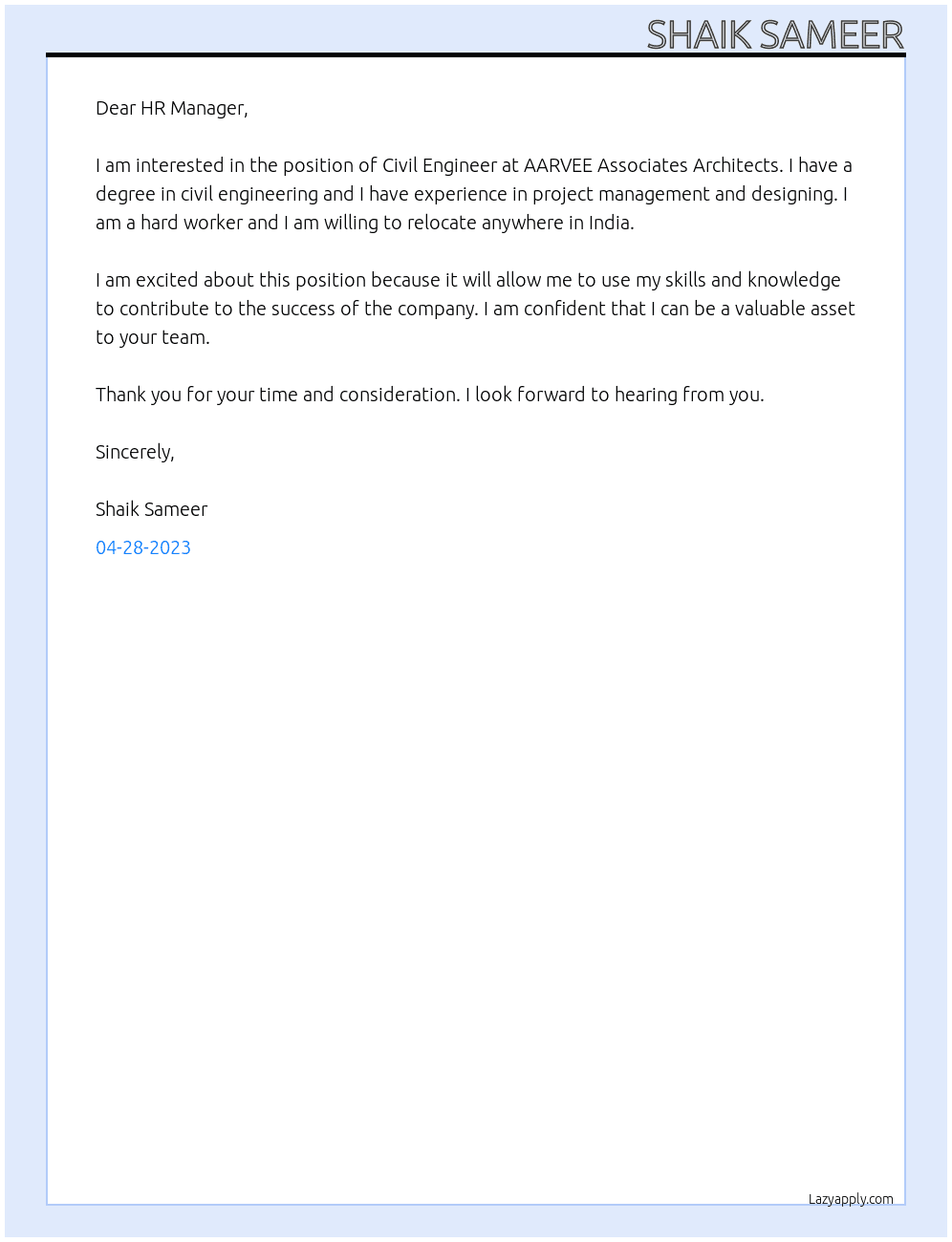 Civil Engineering At AARVEE Associates Architects Cover Letter