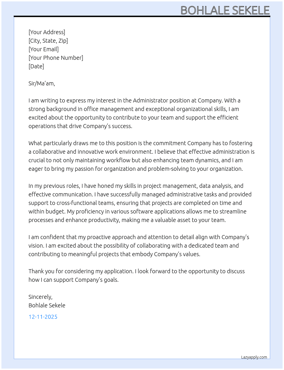 Administrator At Company Cover Letter