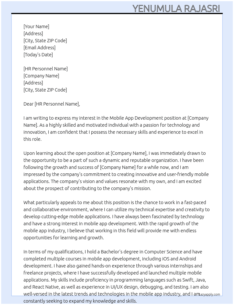 Mobile App Development At Mobile App Development Intern Cover Letter