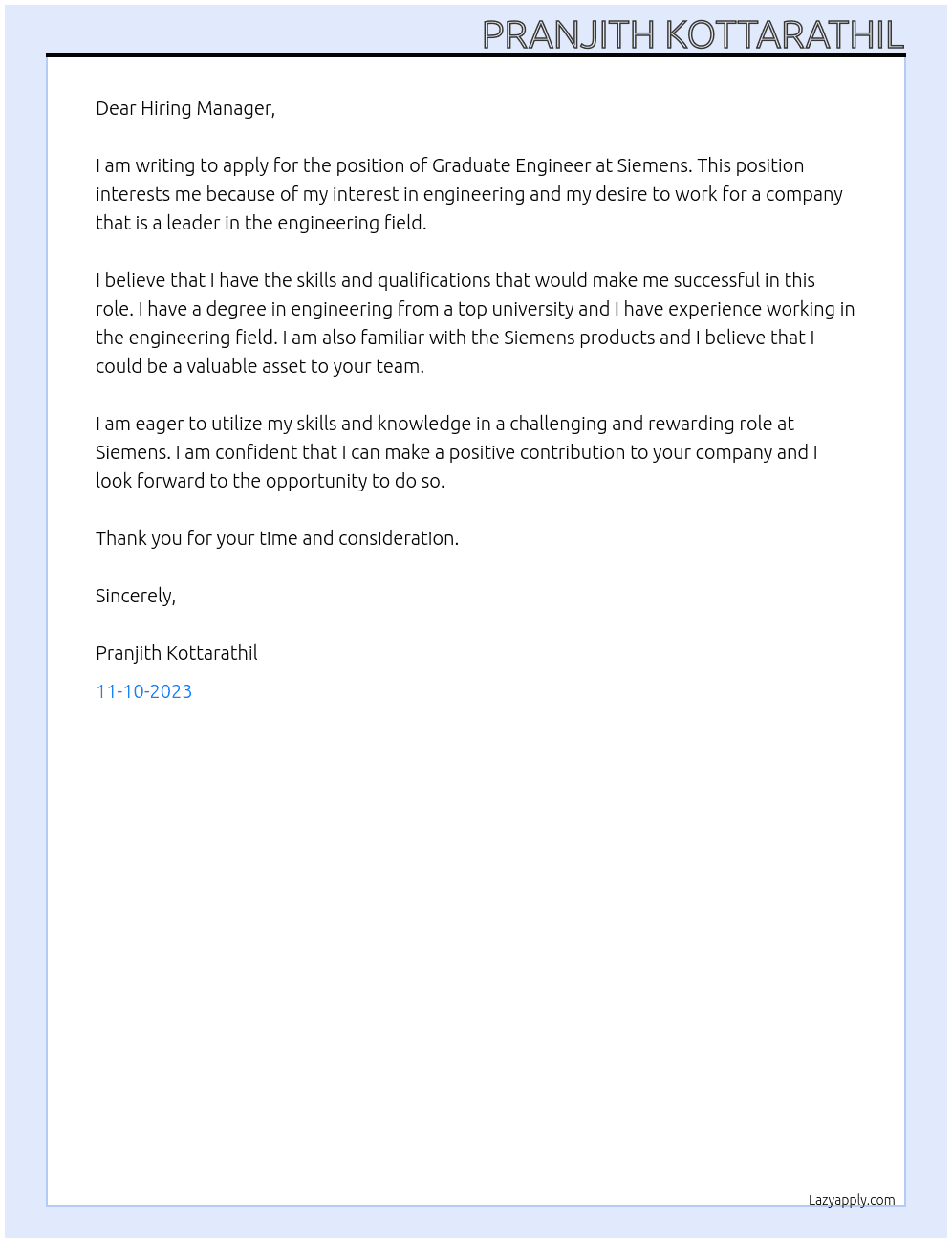 Graduate Engineer At Siemens Cover Letter