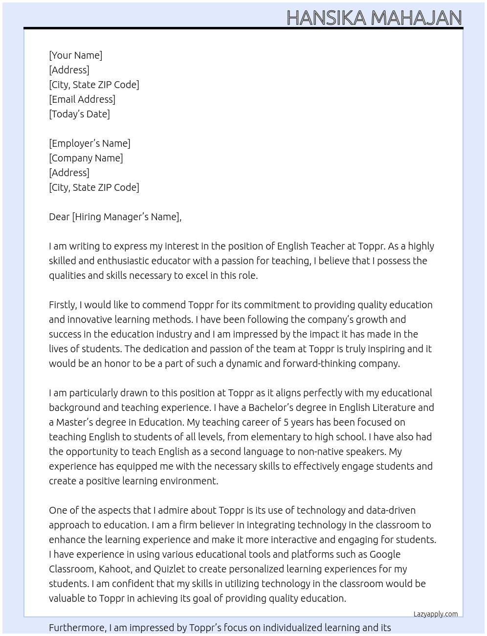 english teacher At toppr Cover Letter