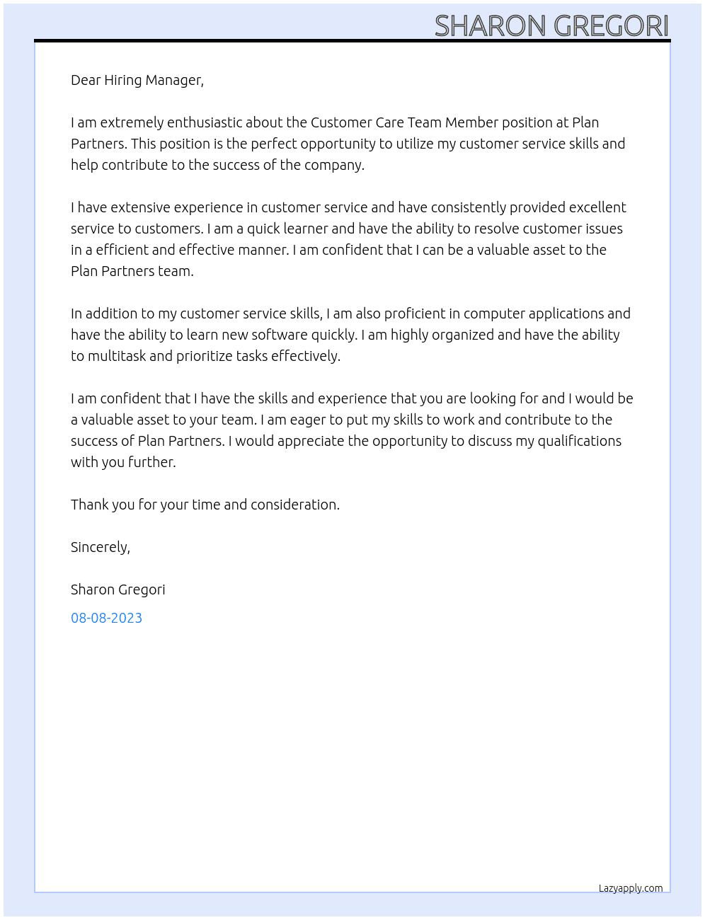 Customer Care Team Member At Plan Partners Cover Letter