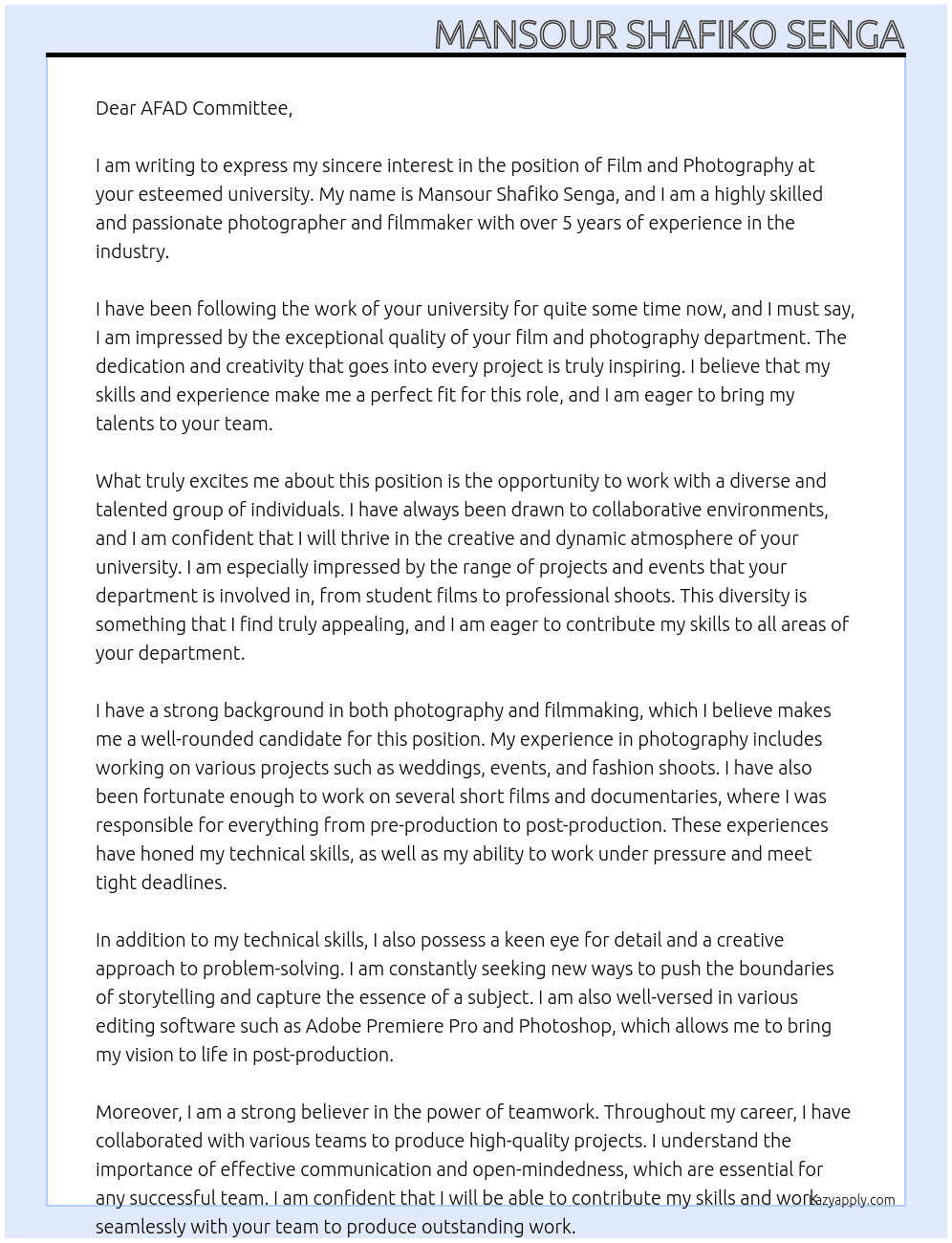Cover letter for film and photography - LazyApply