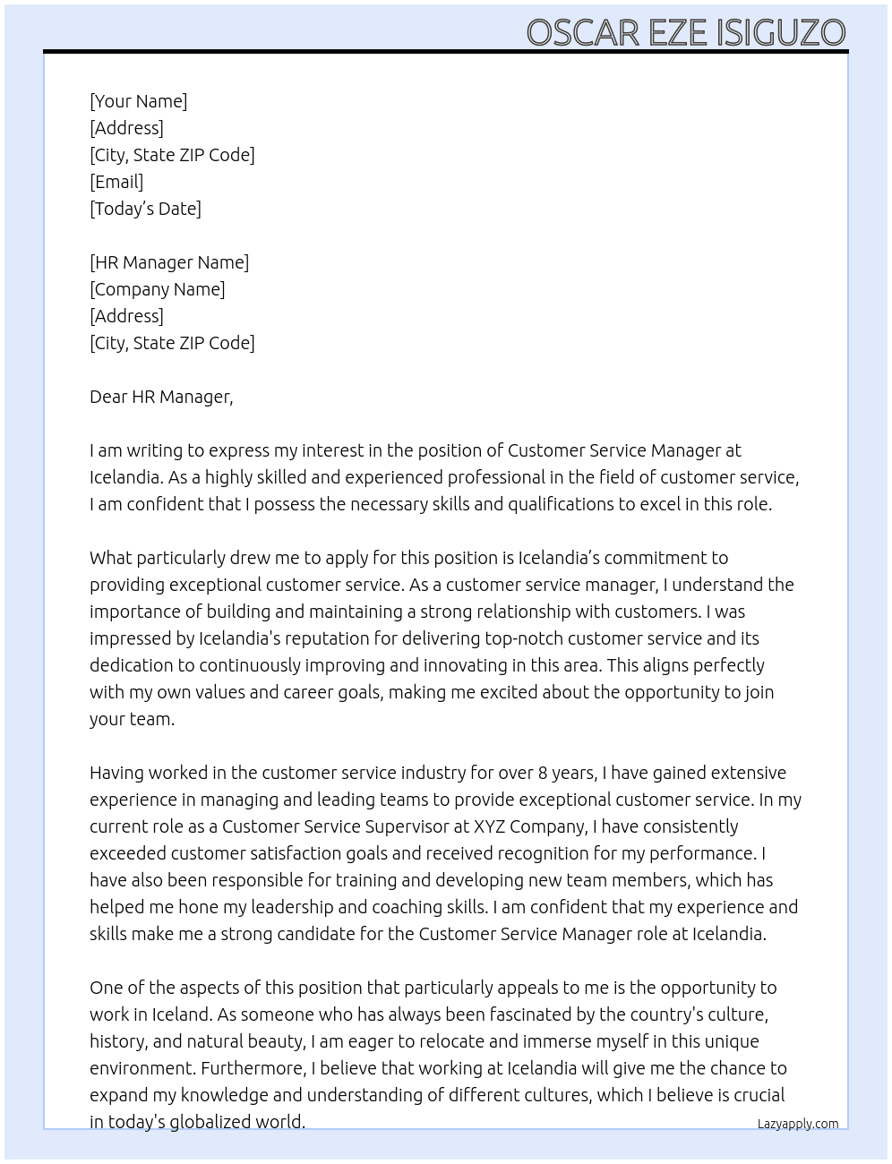 Customer Service Manager At Icelandia Cover Letter