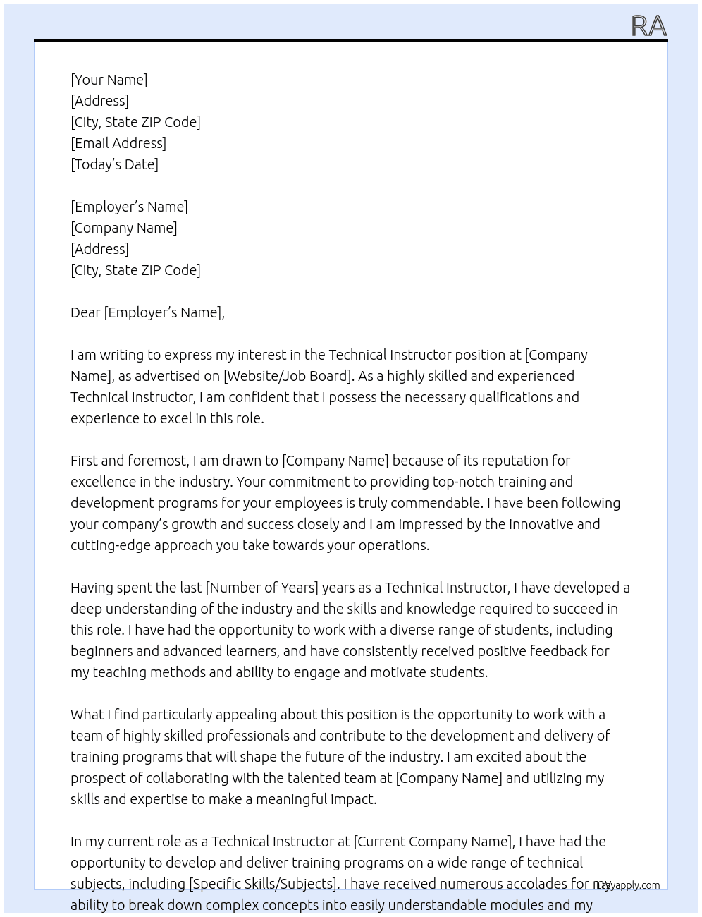 Technical Instructor At Ra Cover Letter