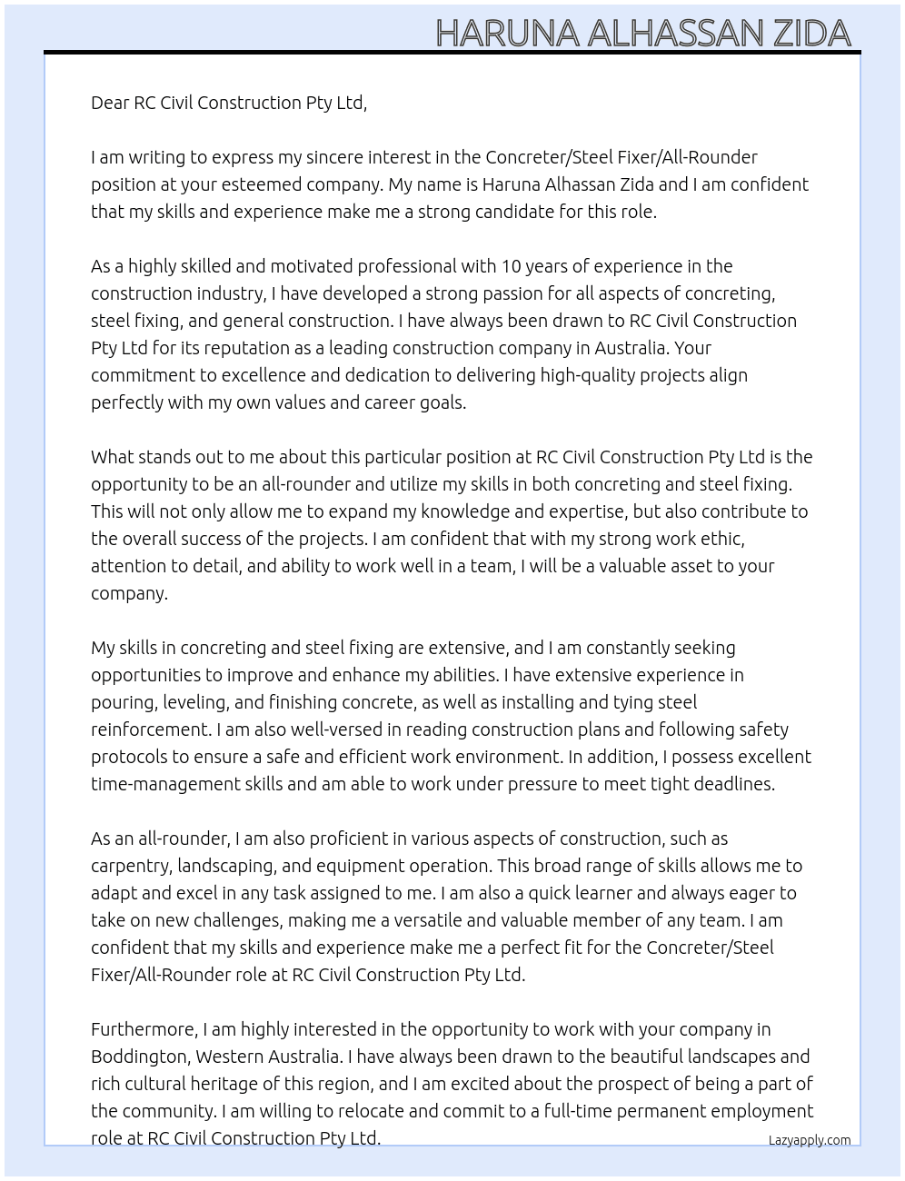 Concreter/Steel Fixer/All-Rounder At RC Civil Construction Pty Ltd Cover Letter