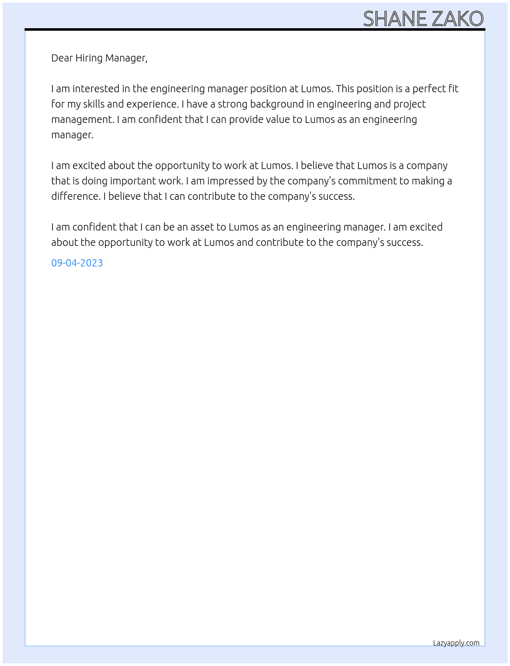 Engineering Manager At Lumos Cover Letter