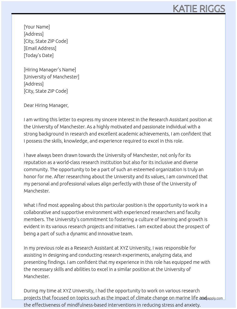 Research Assistant  At University of Manchester Cover Letter