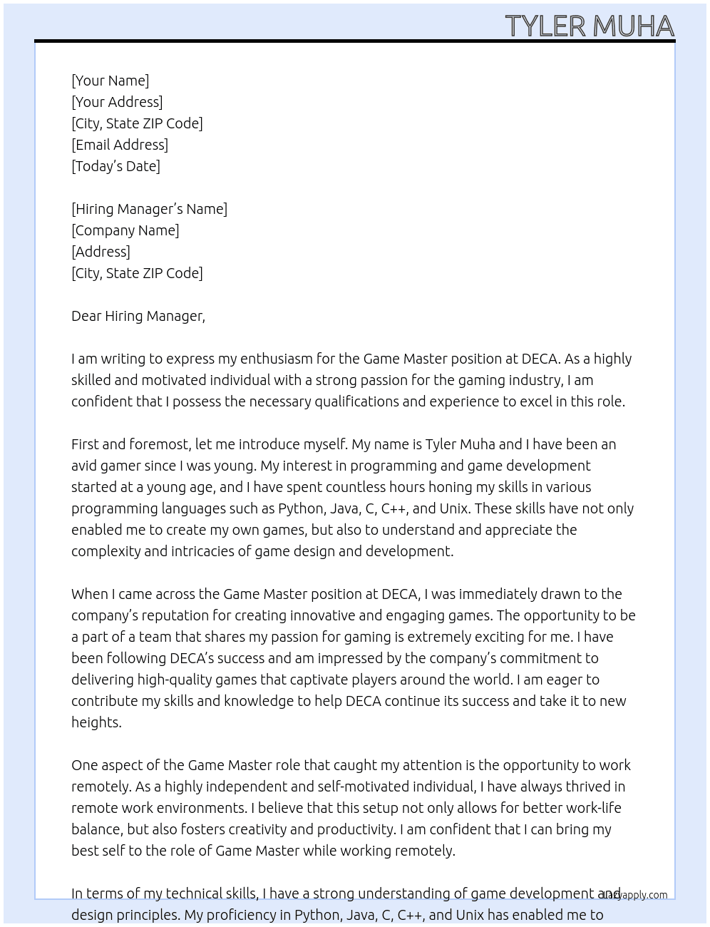 Game Master (m/f/d) At DECA Cover Letter