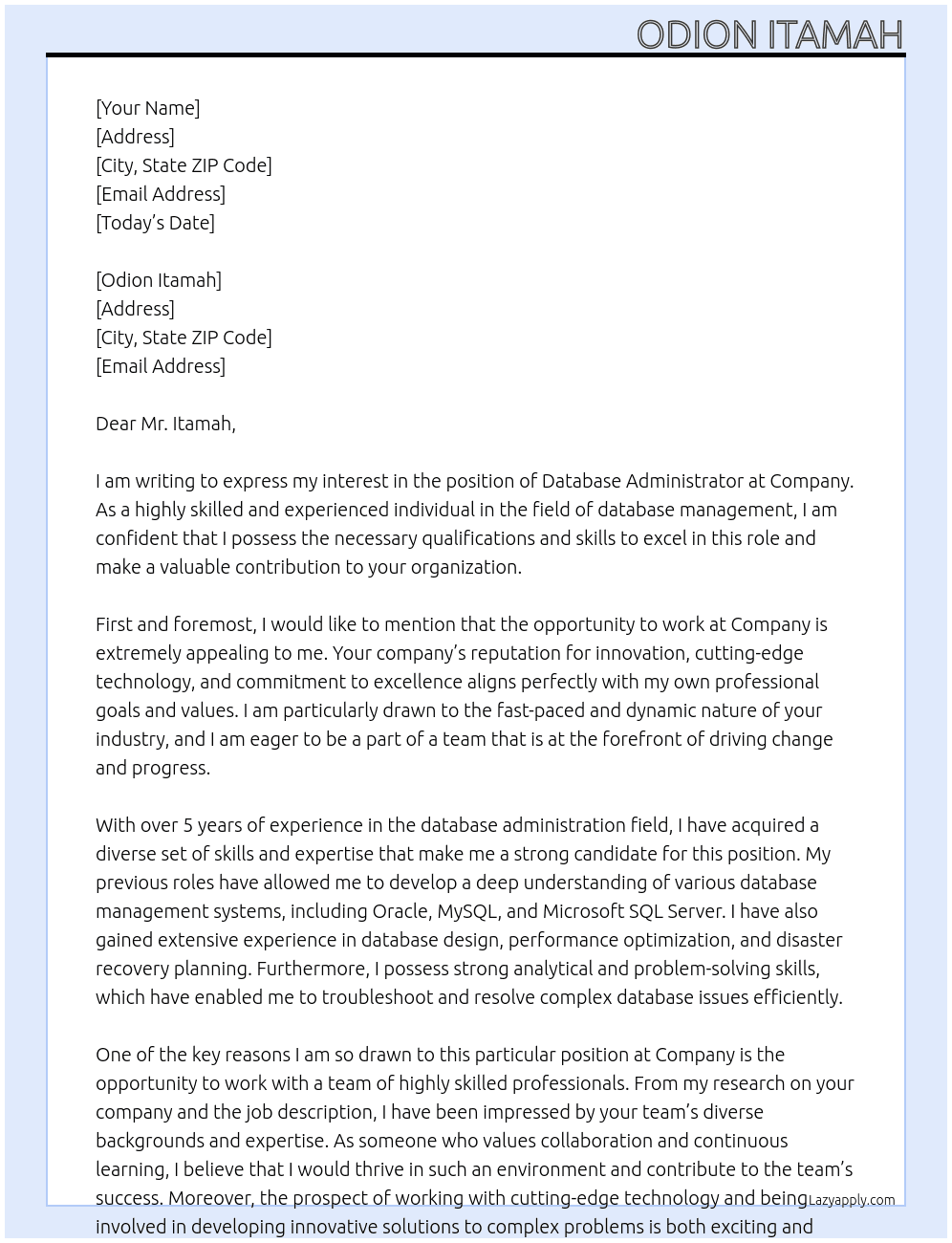 Database Administrator At Company Cover Letter
