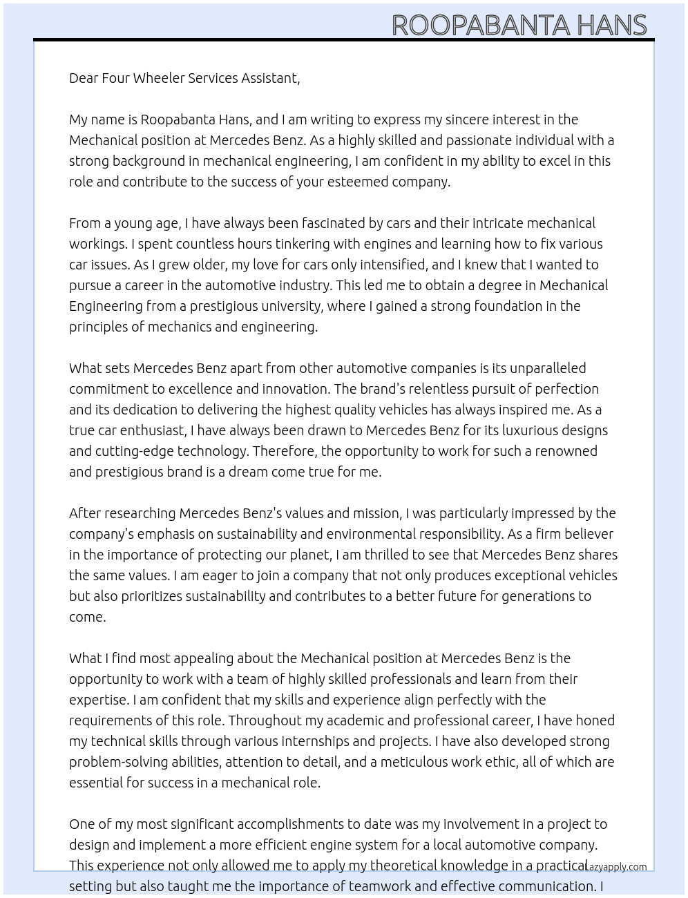 Mechanical  At Mercedes Benz  Cover Letter
