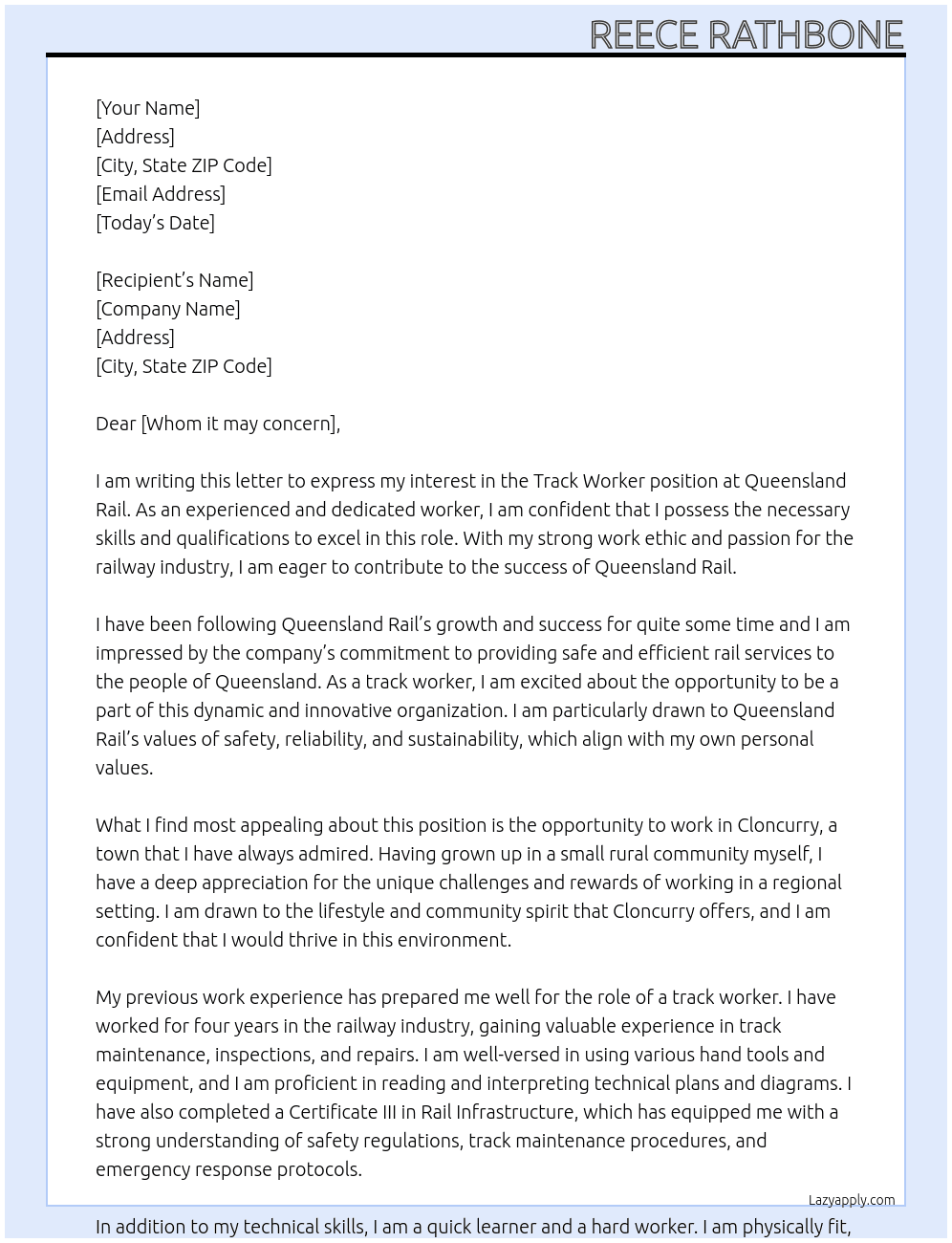 Track worker At Queensland Rail  Cover Letter