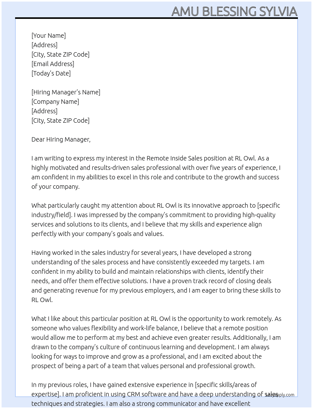 Remote Remote Inside Sales At Rl owl Cover Letter