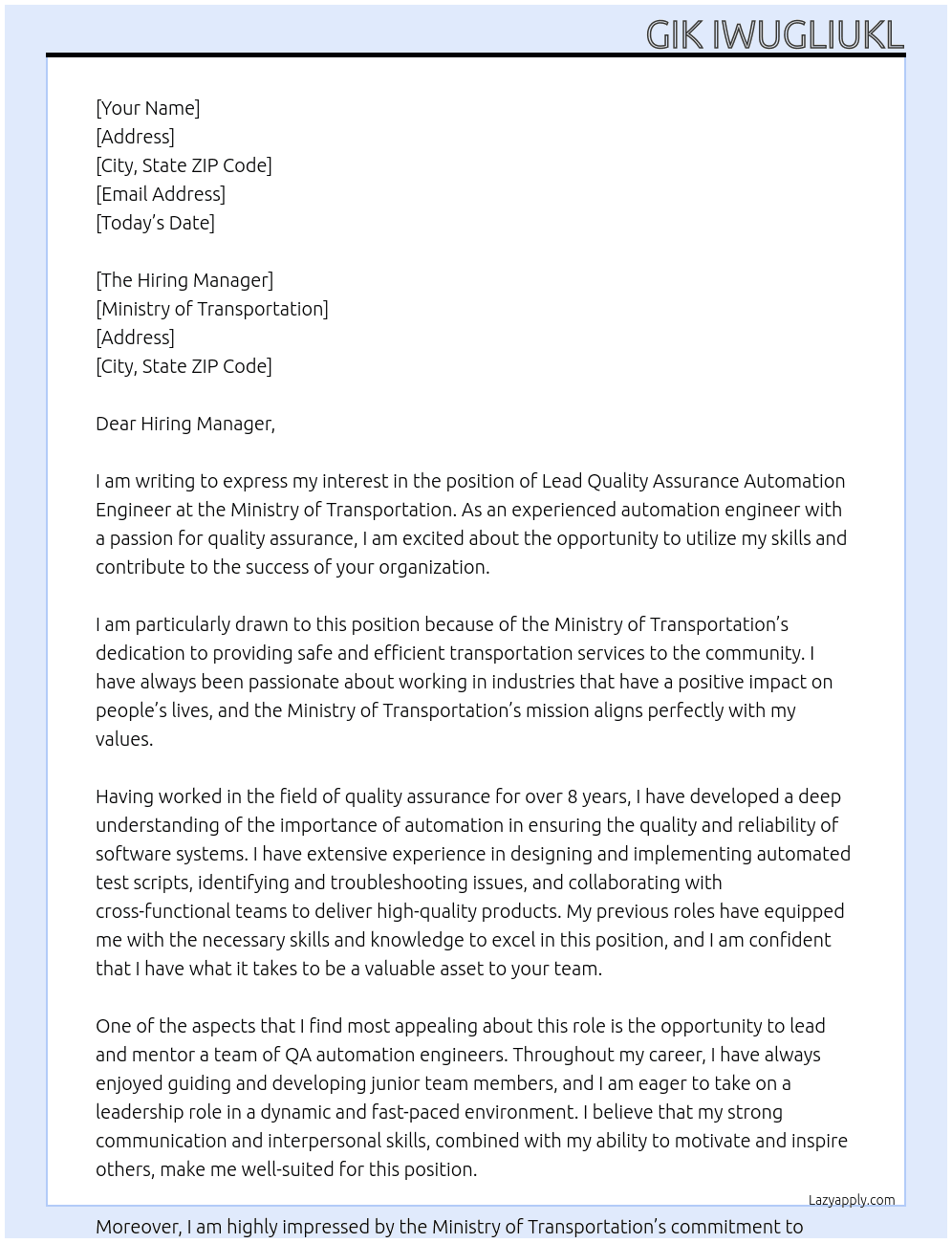 Lead Quality Assurance Automation Engineer At Ministry of Transportation Cover Letter
