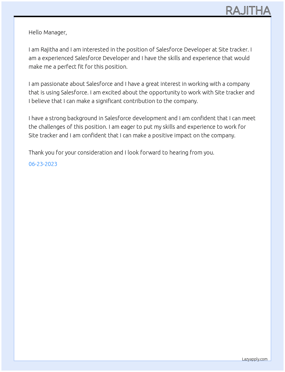 salesforce Developer At Site tracker Cover Letter