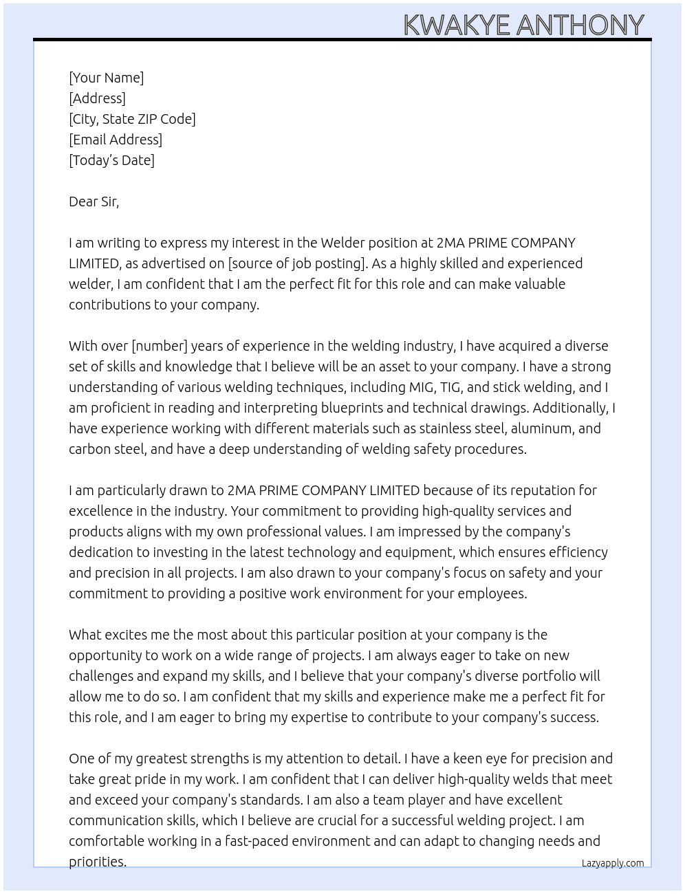 Welder At 2MA PRIME COMPANY LIMITED Cover Letter