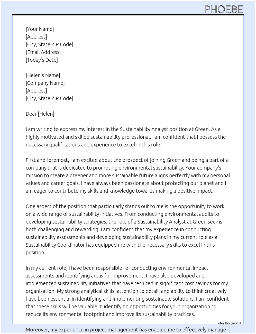 Sustainability Analyst At Green Cover Letter