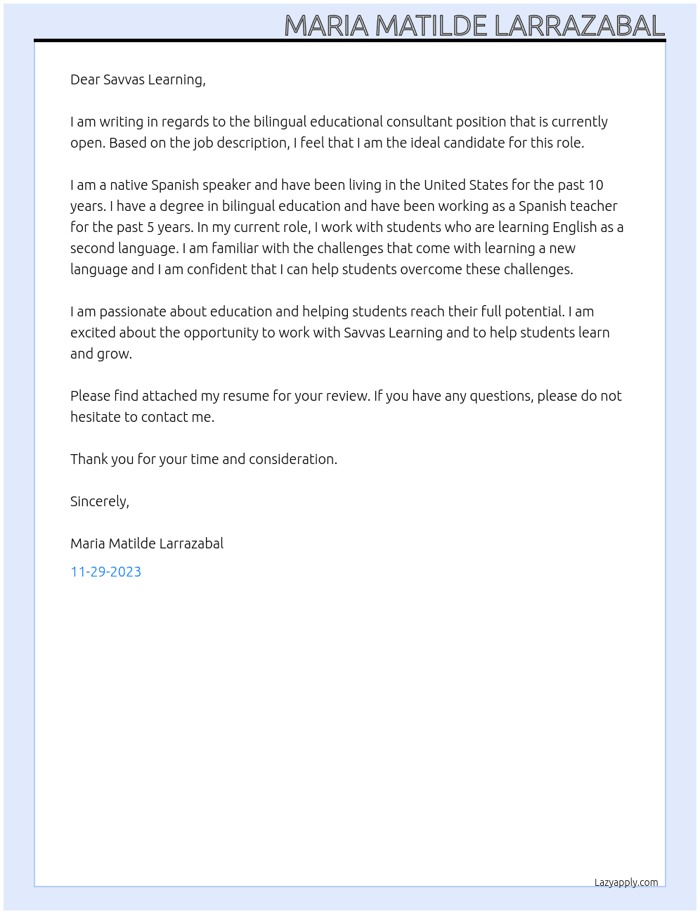 Bilingual Educational Consultant At Savvas Larning Cover Letter