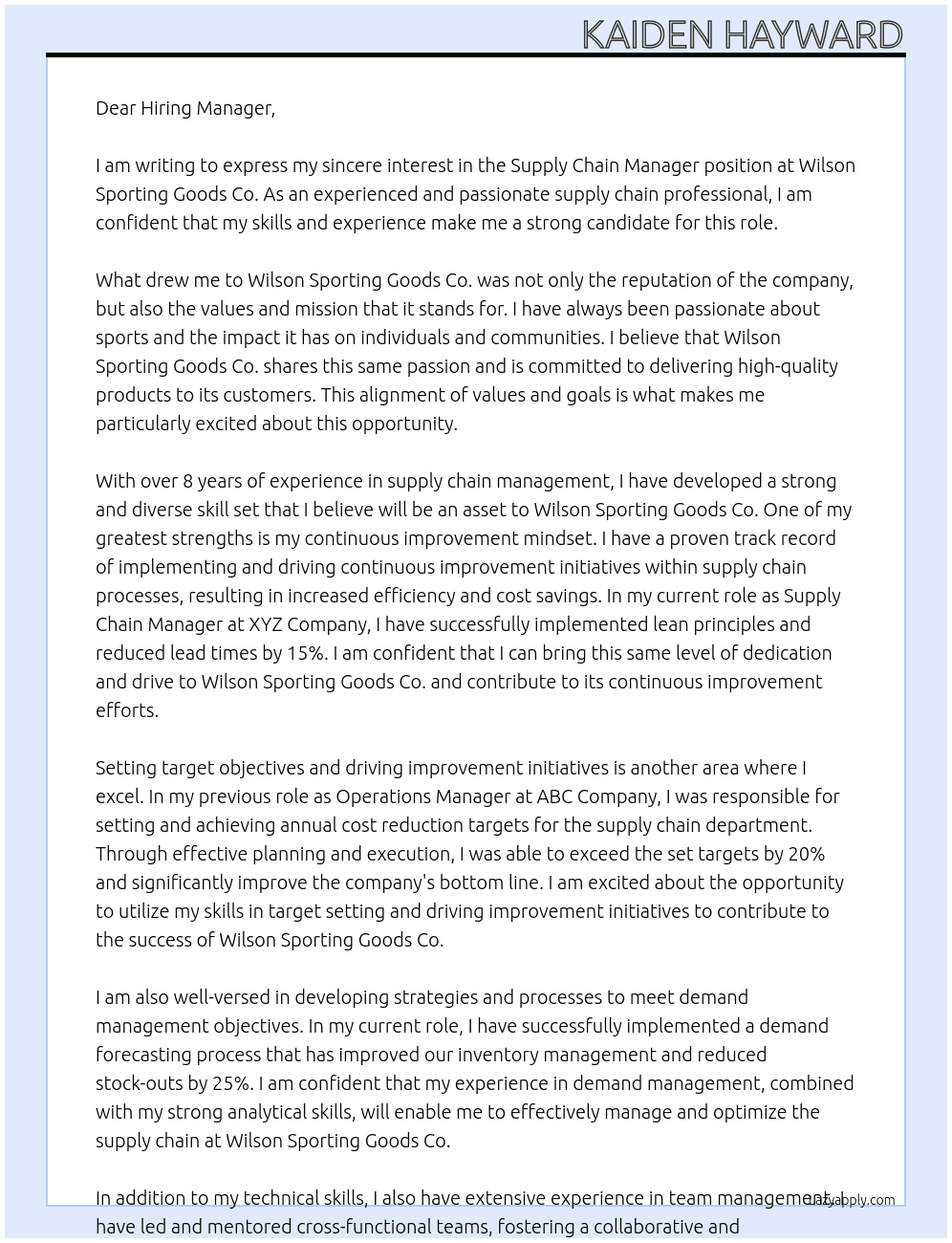 Supply Chain Manager At Wilson Sporting Goods Co. Cover Letter