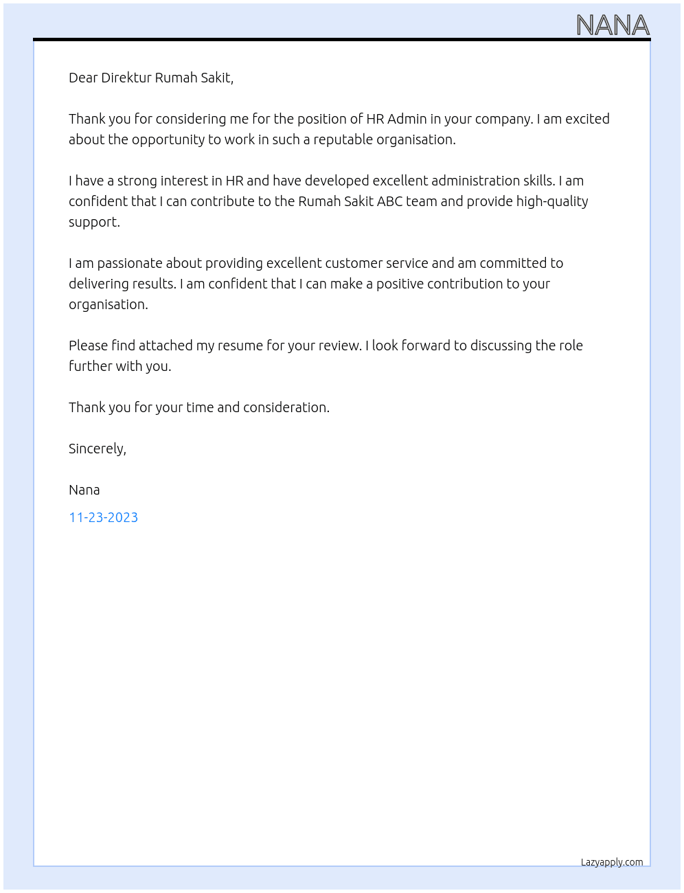HR Admin At Rumah Sakit ABC Cover Letter