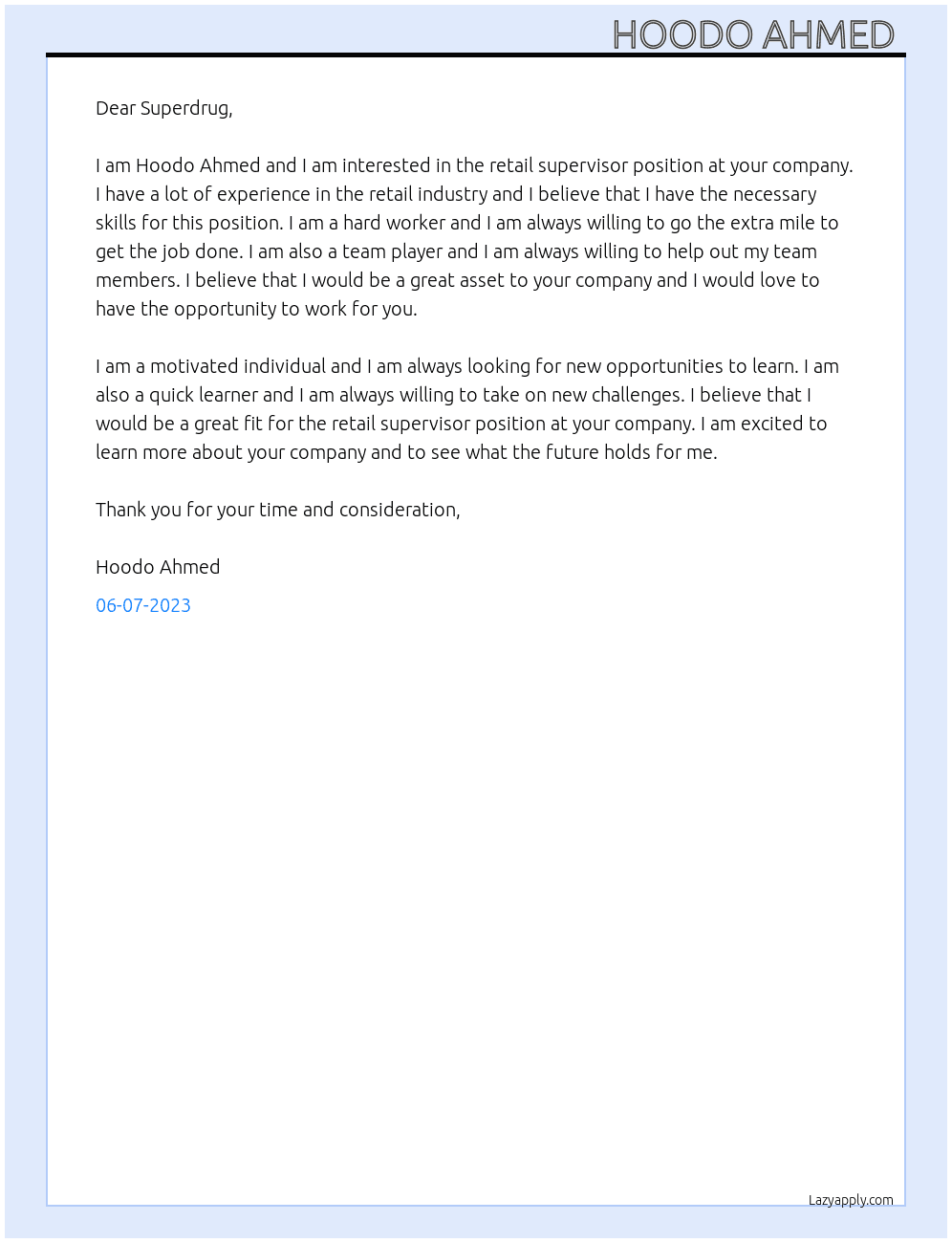 Retail supervisor At Superdrug Cover Letter