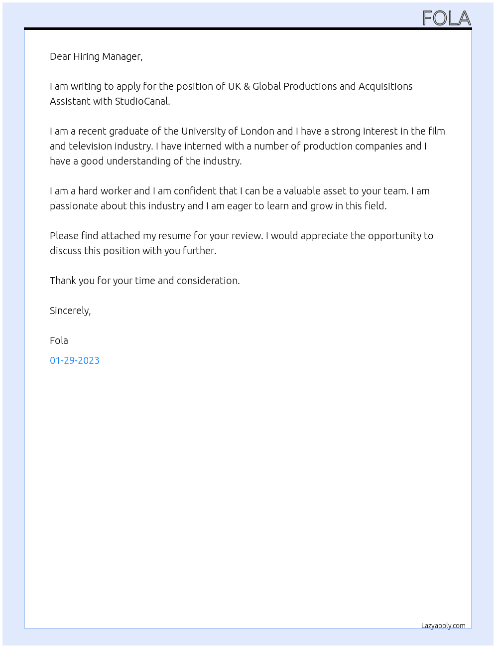 UK & Global Productions and Acquisitions Assistant At StudioCanal Cover Letter