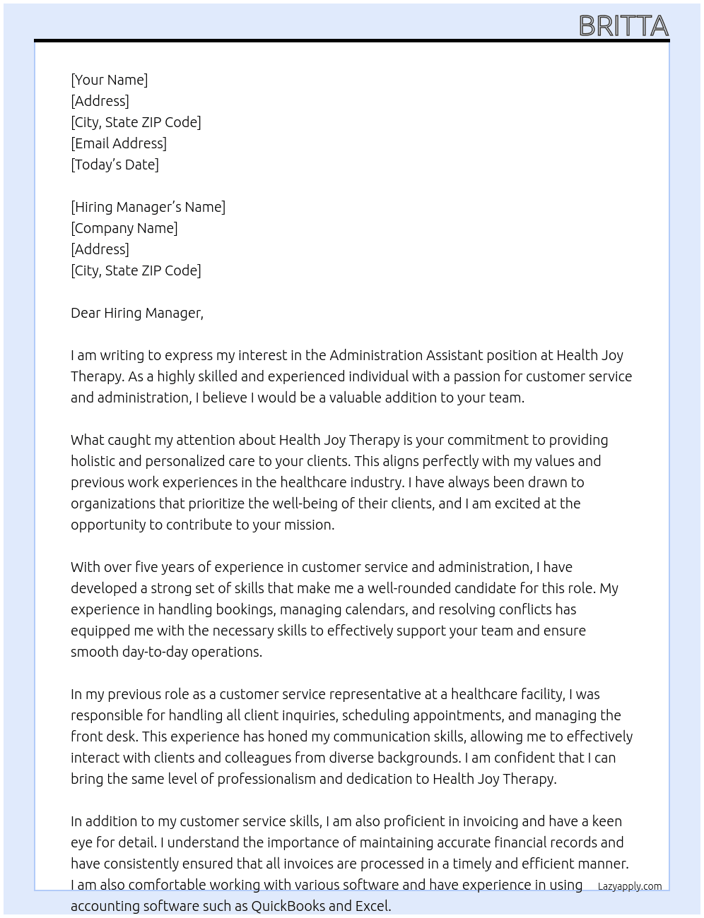 Administration assistant  At Health Joy Therapy  Cover Letter